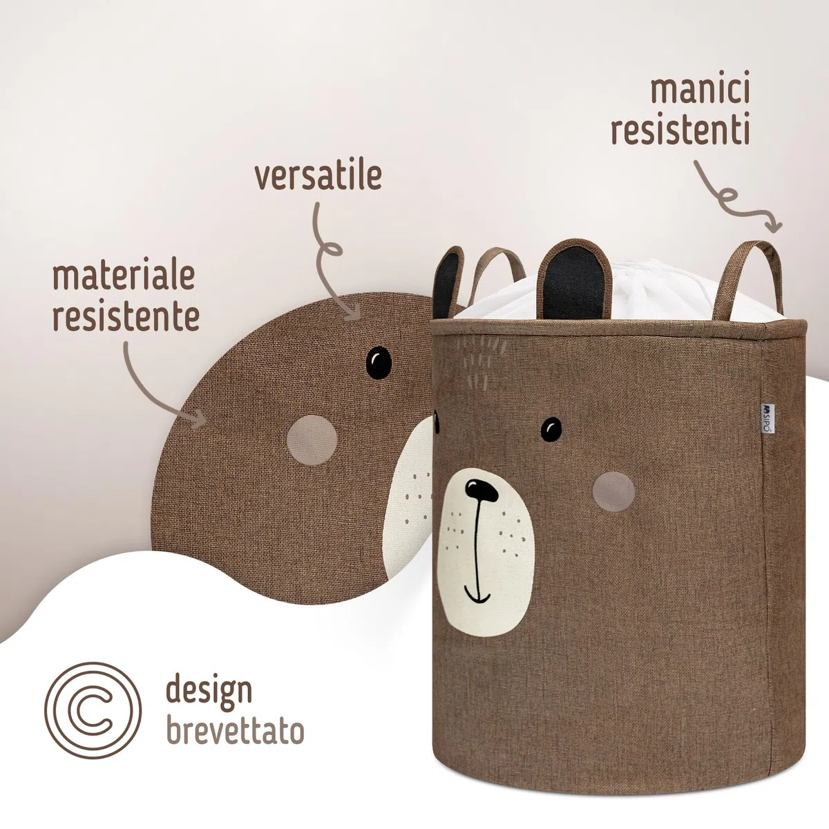 SIPO Cestino giocattolo Premium, XXL 63 l, marrone Bear, organizer pieghevole con coulisse, impermeabile, maniglie, design scandinavo