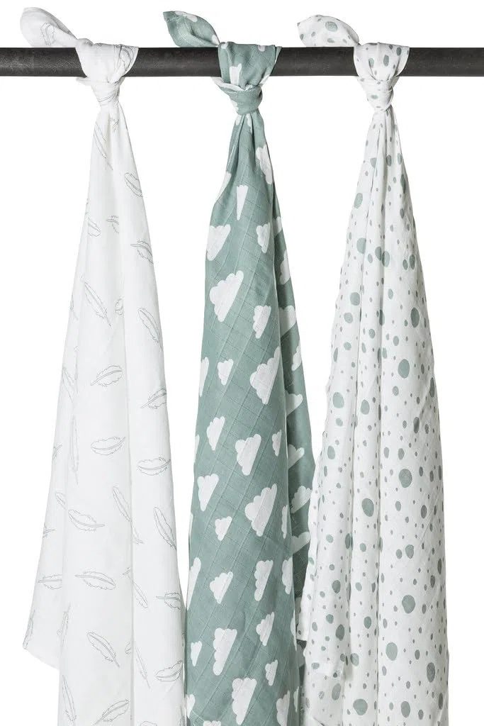 Meyco 451003 Pannolini in mussola idrofila set di 3 120x120cm PIUMA CLOUD DOTS Verde pietra-Bianco