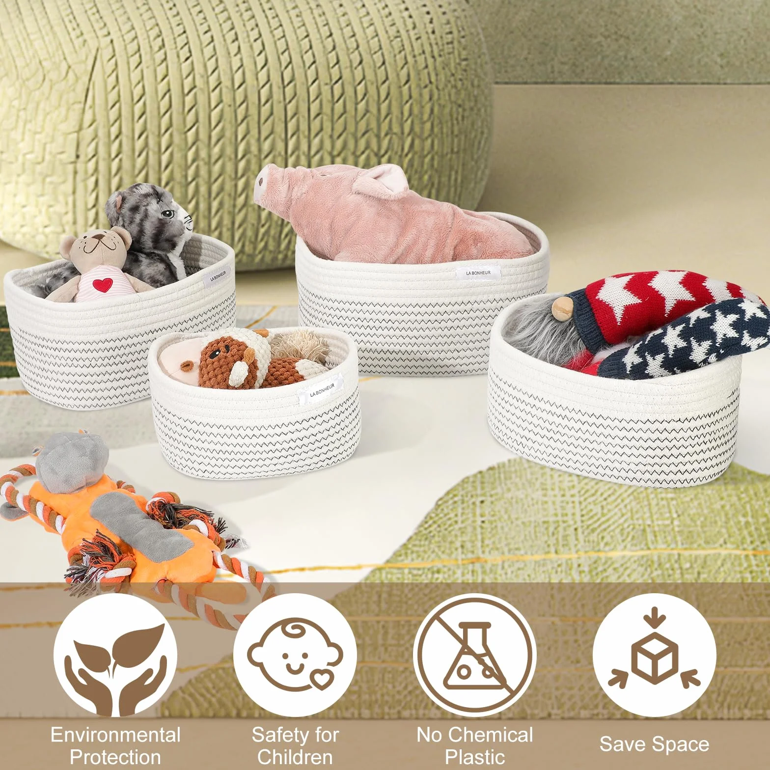 LA BONHEUR Cesto portaoggetti in corda di cotone intrecciato, 4 pezzi, per il bagno, fasciatoio, organizer per neonati,