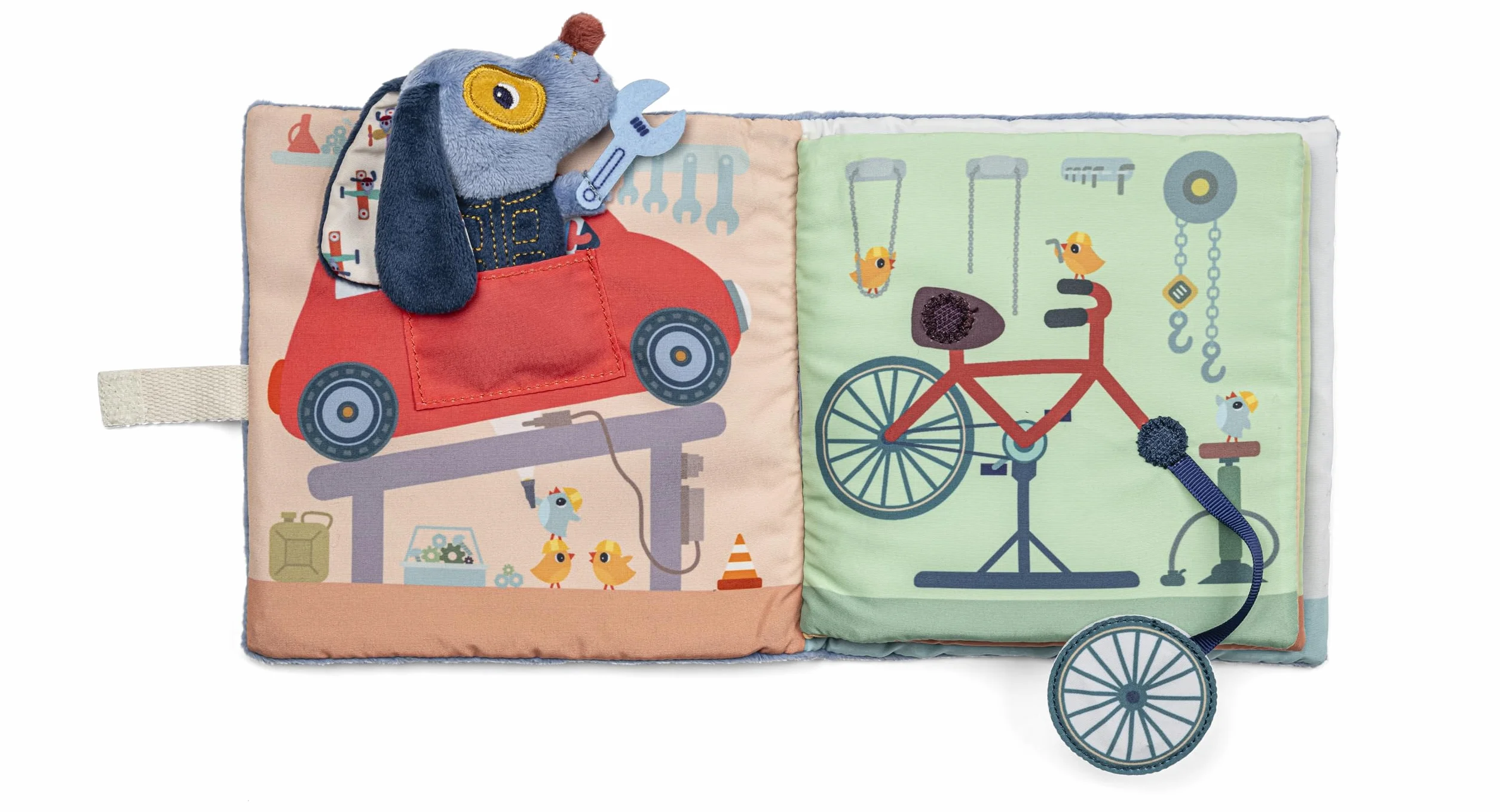 Lilliputiens - Libro di attività in Tessuto - Il Garage di Jules - Giocattolo educativo per Viaggi e casa - Sviluppo dei Sensi e coordinazione - dai 12 Mesi - 83585