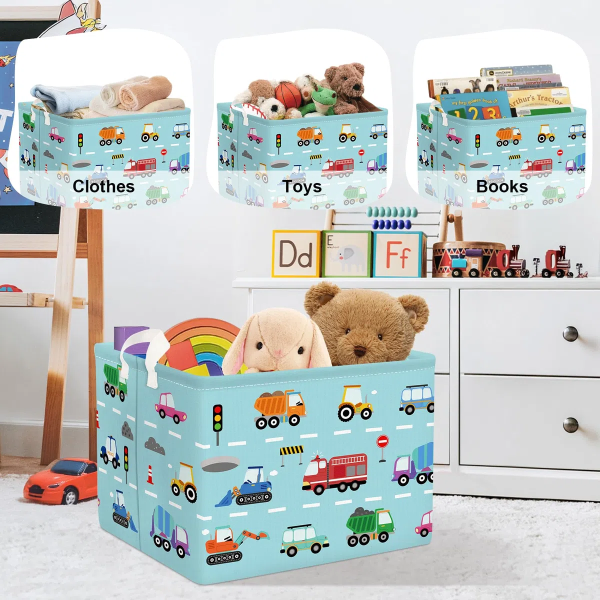 Grande Cesta Porta Biancheria Auto dei Cartoni Animati Pieghevole Cestini Portaoggetti Giocattoli Vestiti per Bambino Cesta Indumenti Sporchi per Bagno,Autopompa,36L