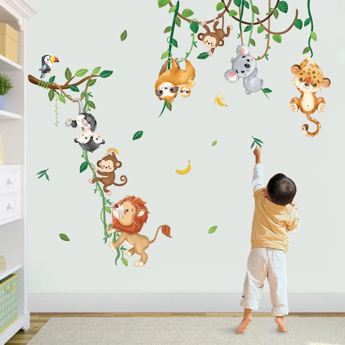 decalmile Adesivi Murali Animali della Giungla Vite Adesivi da Parete Leone Scimmia Tigre Koala Decorazione Murale Camerette Bambini Asilo Nido Camera da Letto