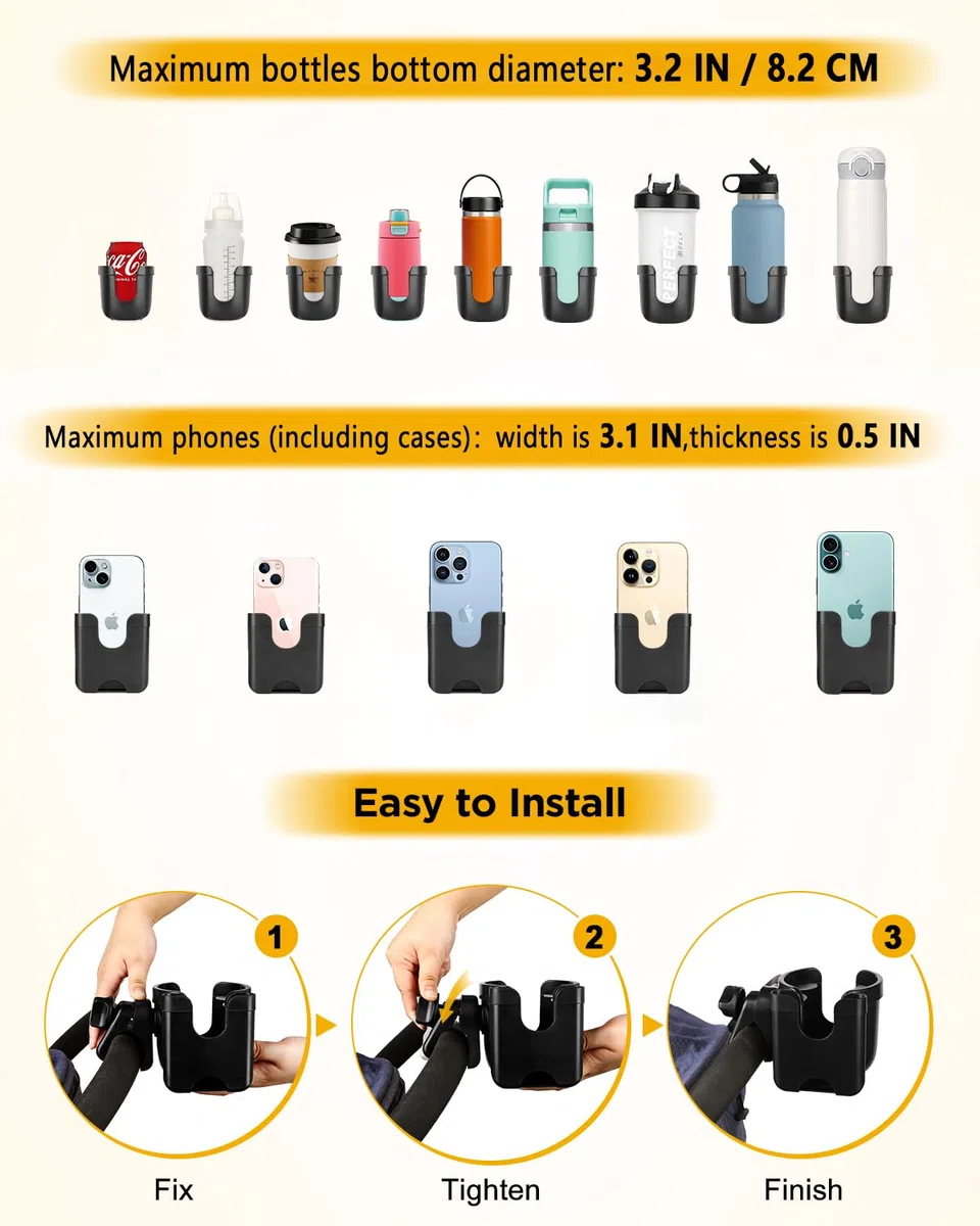 Portabicchieri universale per passeggino con custodia per cellulare, 2 in 1, per passeggini, rotazione a 360 gradi, per bici, passeggino, sedia a rotelle, deambulatore, bicicletta, si adatta alla