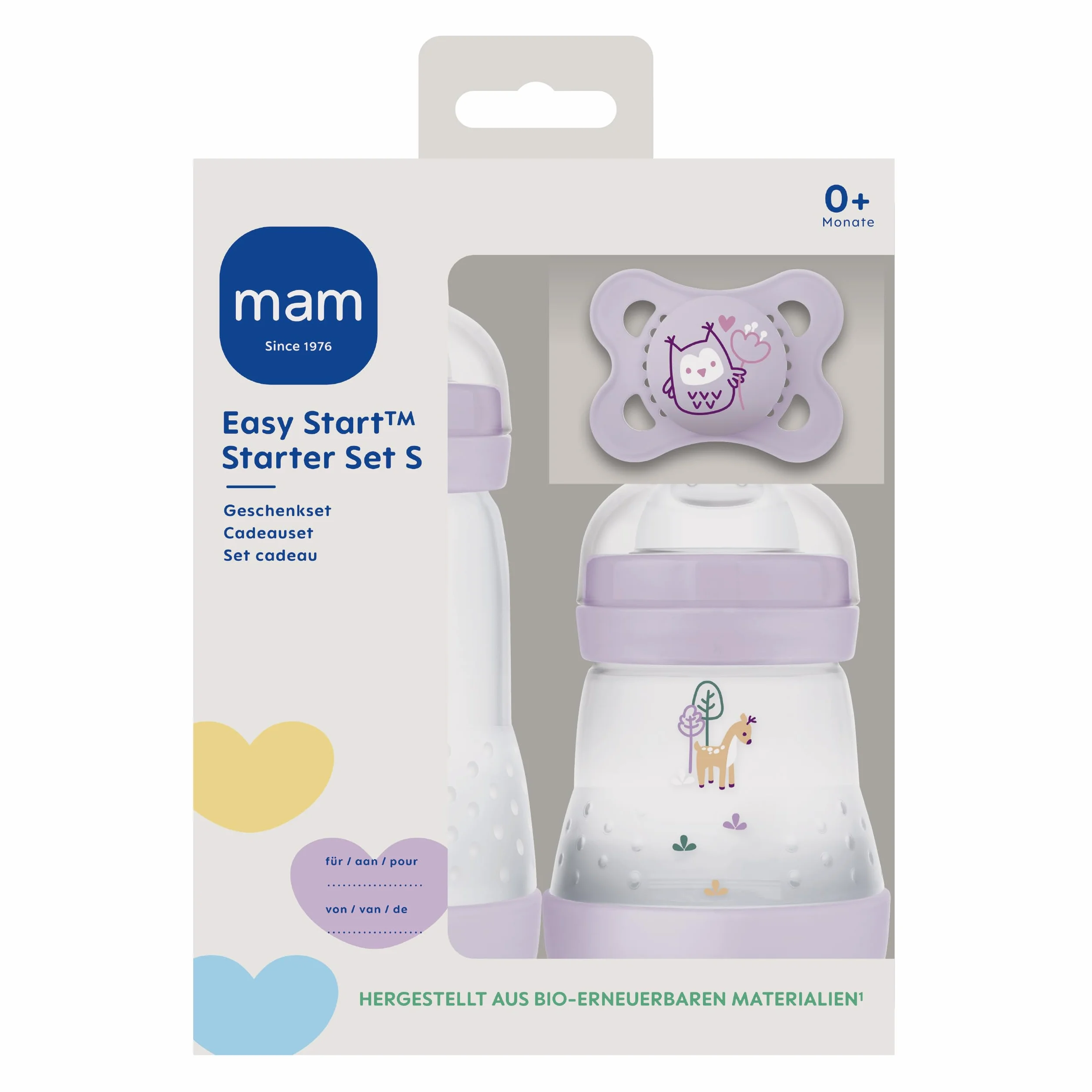 MAM Easy Start Anti-Colic Starter Set S, kit iniziale per bambini con 2 bottiglie anti-coliche (160 ml e 260 ml) con tettarella taglia 1 e ciuccio, set regalo per bambini, dalla nascita, lilla