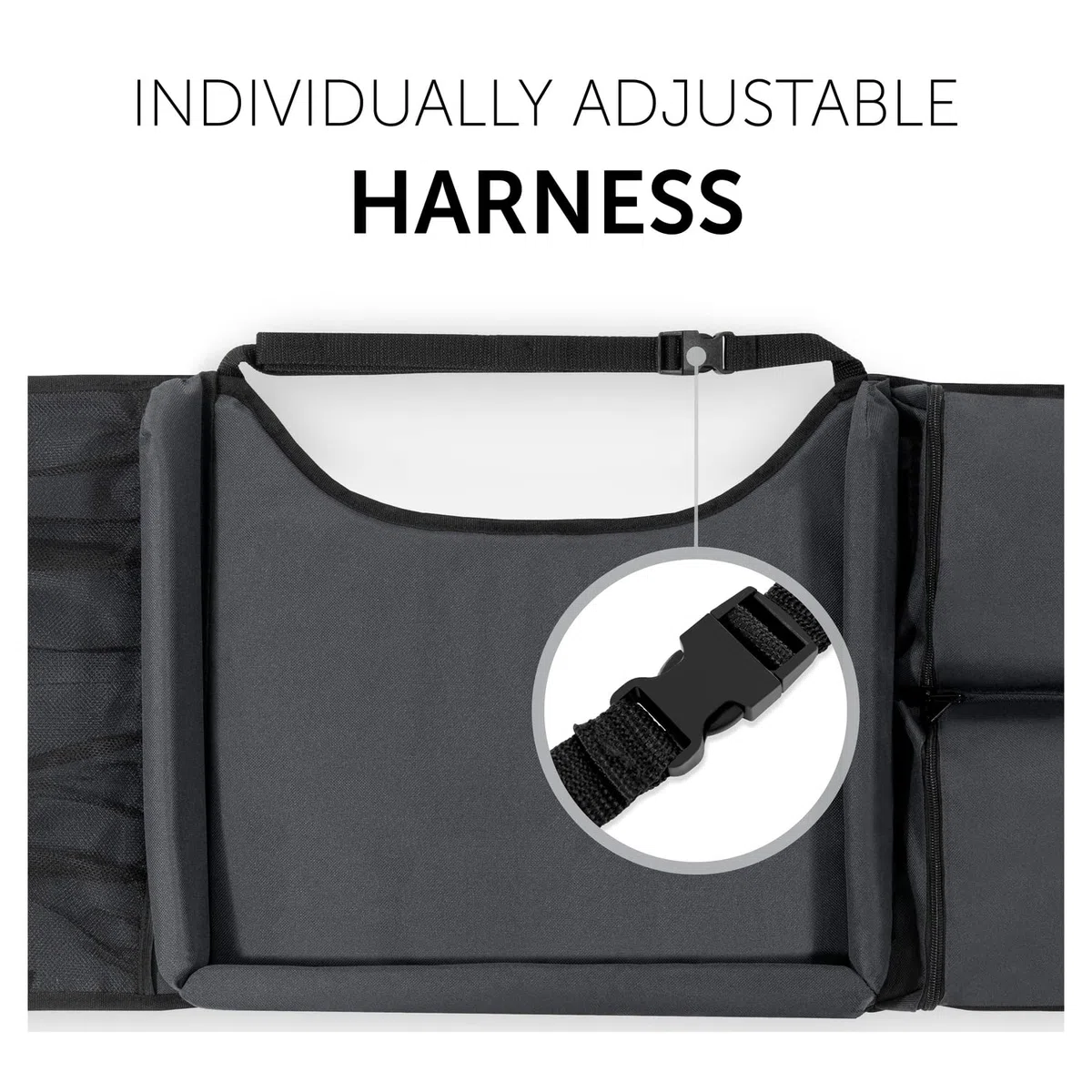 hauck Play on Me, Grigio - Vassoio da Viaggio per Bambini per Seggiolino Auto Gruppo 1, Tavolino Gioco Organizer con Tasche Portaoggetti, con Cintura Regolabile