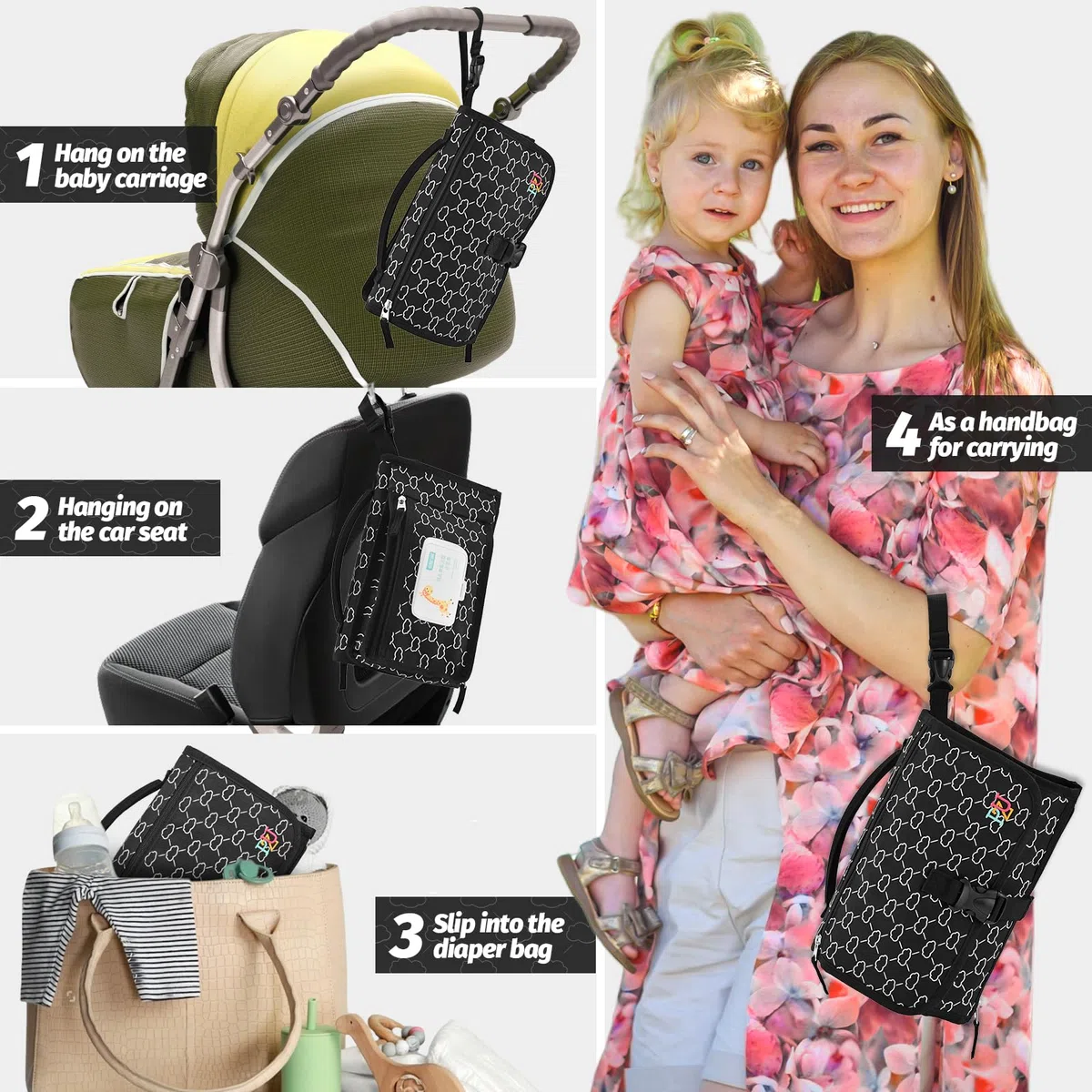 Fasciatoio Portatile Neonato - Fasciatoio Neonato Portatile Staccabile con Borsa per Salviette e Morbido Poggiatesta, Impermeabile Tappetino Viaggio（Nero)