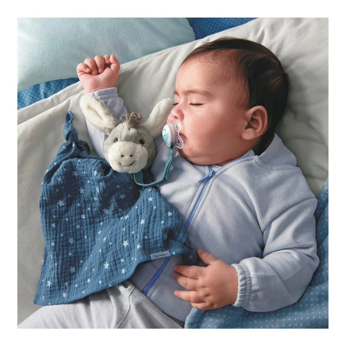 Set Sogni d'oro, Emmi L’Asinello, Pupazzo di pezza con porta-ciuccio e fazzoletto, Celeste/Grigio