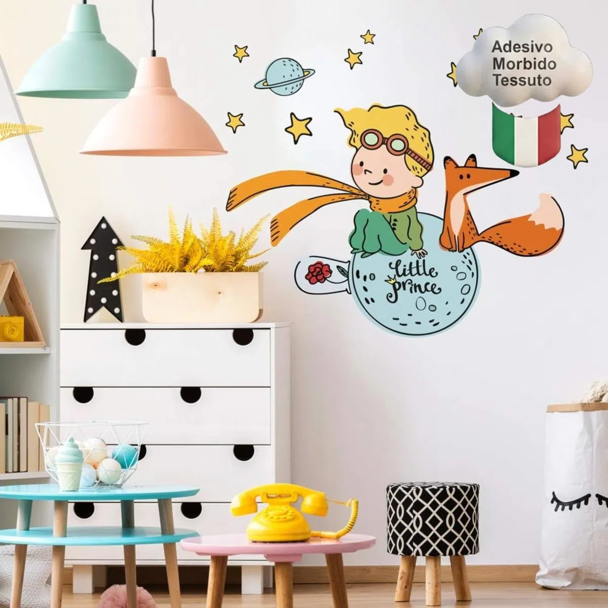 kina - Adesivo Murale Bambini Decorazione Parete Cameretta R00579 - Eco-Tessuto, Ecologico Anallergico, Riposizionabile, Effetto Carezza, Asilo Nido - Grafica Piccolo Principe e Misura 100x30 cm