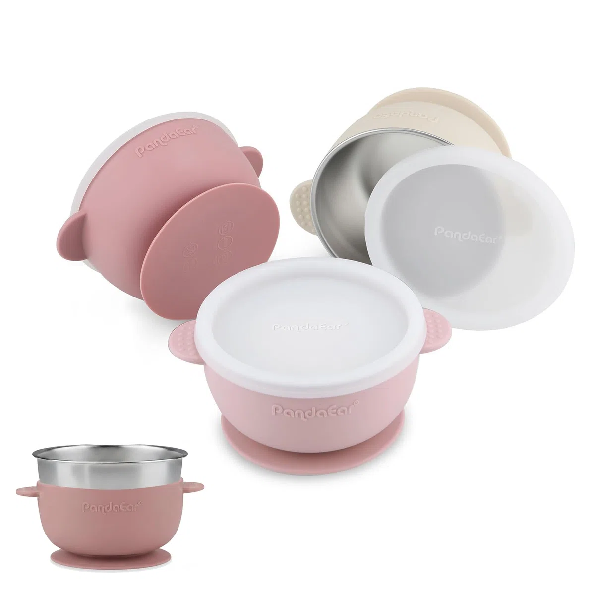 PandaEar Set Da 3 Ciotole A Ventosa In Acciaio Inox Per Bambini Con Coperchi, Ciotole Antiscivolo Per Bambini, Neonati E Toddler Con Rivestimento In Silicone (Rosa)