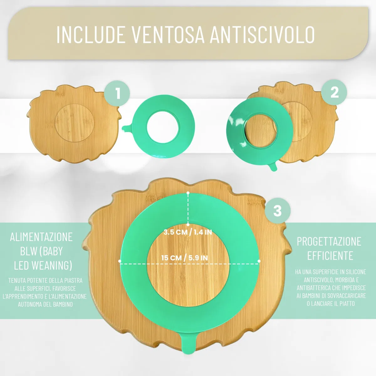 Piatto in Bambù Con Forte Ventosa per Neonati e Bambini Piccoli. Antiscivolo e Antiribaltamento per Imparare a Mangiare BLW. (Lion)