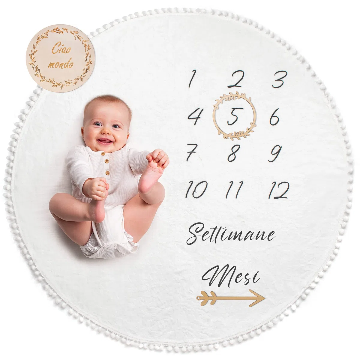 ODOXIA Coperta Mesi Neonato In Italiano | Tappetino Rotondo Mesi Per Maschio O Femmina, Unisex | Genere Neutro | Regalo Baby Shower Per Neomamme | Copertina Mesi Neonato | Cornici In Legno Incluse
