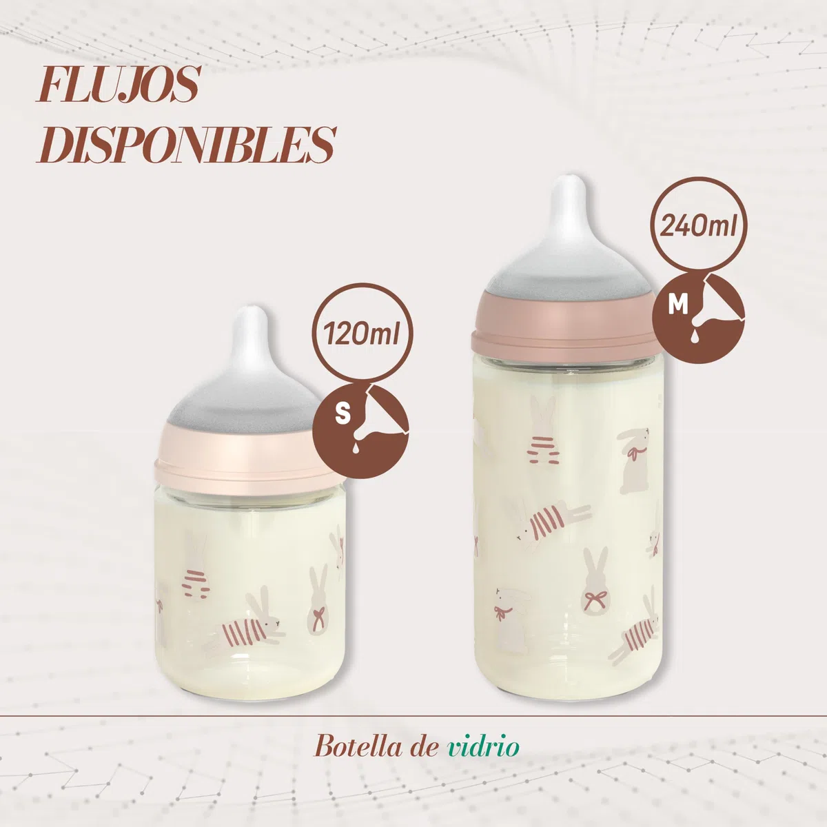 Suavinex, Confezione 2 biberon in vetro da 240 ml, con tettina SX Pro in silicone, con valvola anticoliche, flusso medio (M), per liquidi a media densità, acqua o latte, neonati +3 mesi, rosa, beige