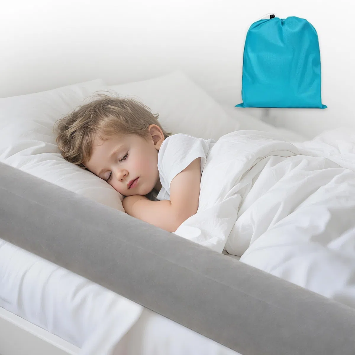 Griglia di protezione per letto da viaggio, gonfiabile, protezione anticaduta, rimovibile, per bambini, 130 x 20 x 15 cm