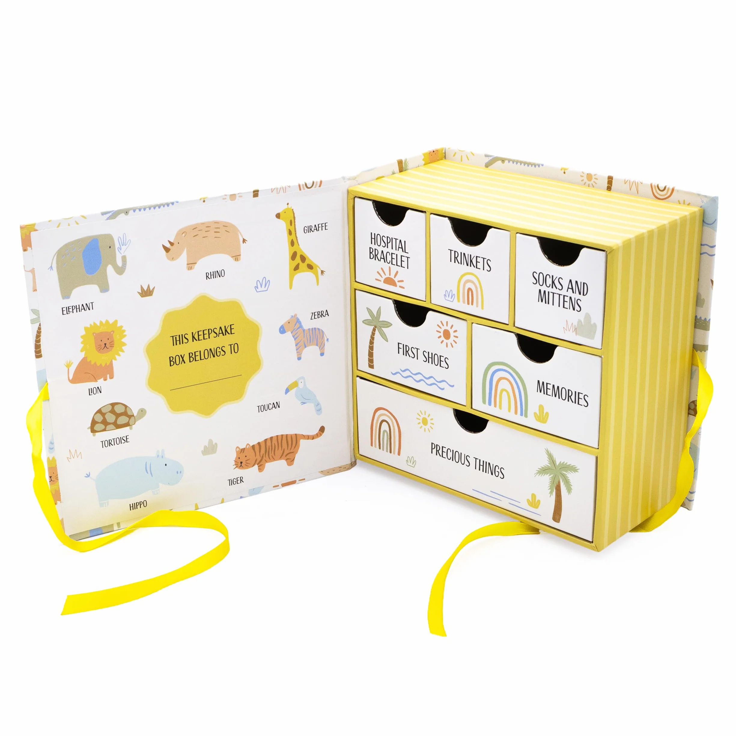 Scatola per Ricordi del Bebè con Animali della Ninna Nanna – Scatola dei Ricordi con 6 Cassetti per Mementos del Neonato – Regalo per Bambino con Chiusura a Nastro