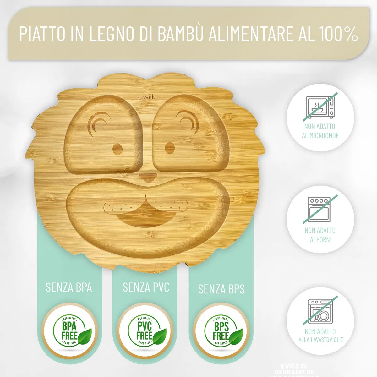 Piatto in Bambù Con Forte Ventosa per Neonati e Bambini Piccoli. Antiscivolo e Antiribaltamento per Imparare a Mangiare BLW. (Lion)