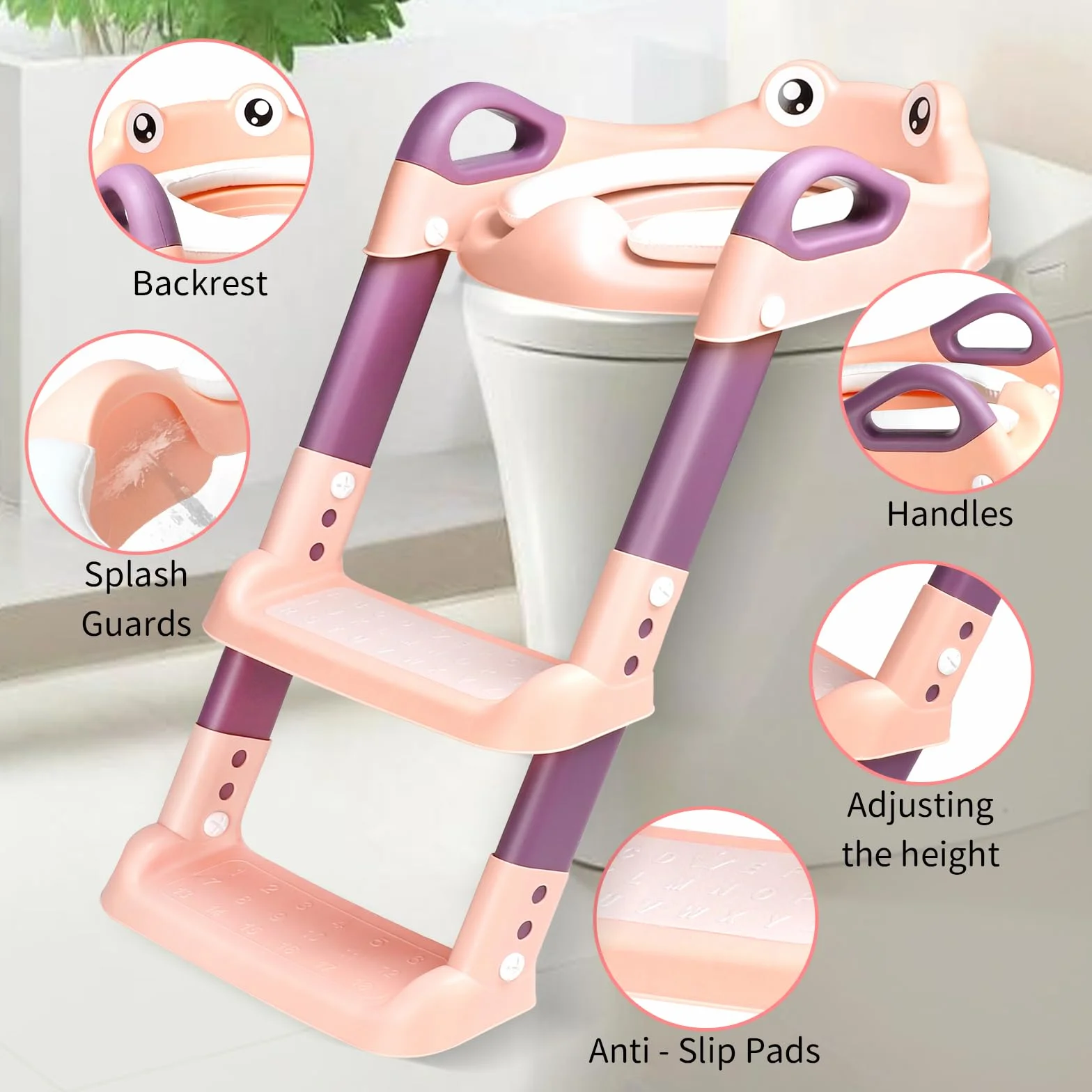 Sedile WC per Bambini con Scale, WC per Bambini, 2 in 1, con Scale, per Ragazzi e Ragazze, Sedile WC con Poliuretano, Regolabile in Altezza e Pieghevole, Antiscivolo con Spritzsc