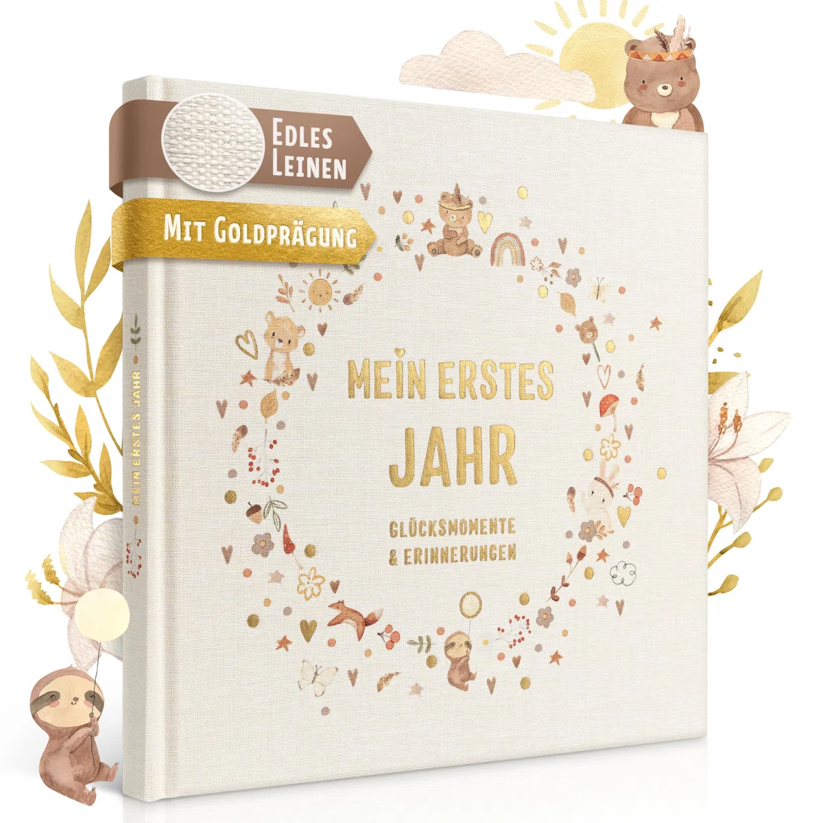 EULENTALER L'album per bambini "BOHO" I Progettato da educatori I Con simpatiche illustrazioni dipinte a mano I Copertina in vero lino + goffratura dorata I Diario di nascita per ragazzi e