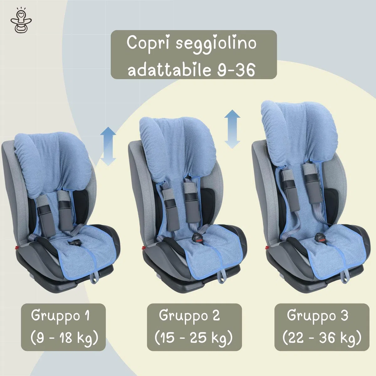 baby idea Copri Seggiolino Auto Bambino e Neonato Gruppo 1/2/3 (9–36 kg) Copriseggiolino Estivo in Spugna di Cotone 100% Oeko-Tex Traspirante Anti Sudore Senza Imbottitura Made in Italy (Grigio)
