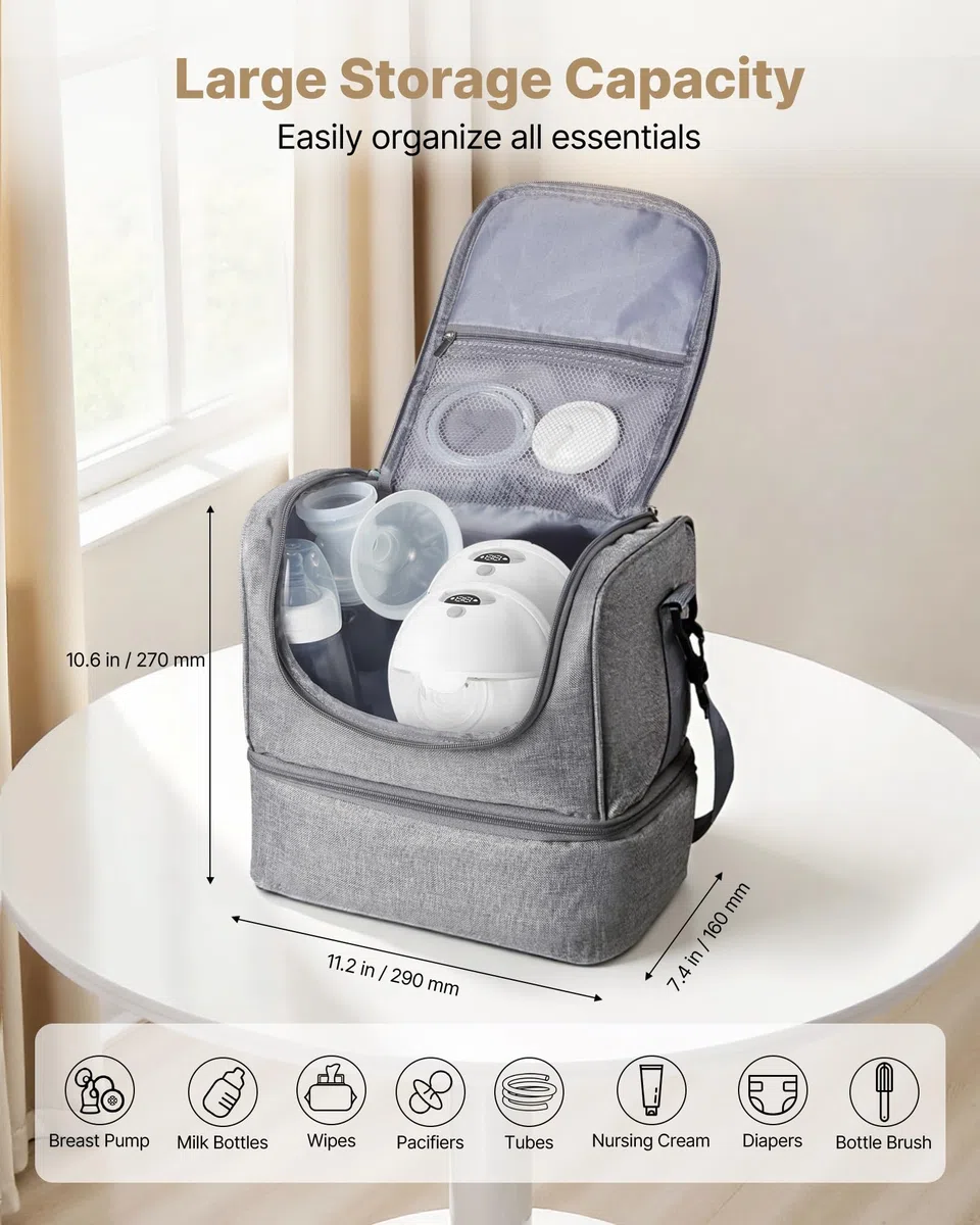 VEVOR Borsa per Tiralatte, Borsa per Biberon con Impacchi del Ghiaccio, Accessori per l'Estrazione e Conservazione del Latte Materno, per Biberon di Latte per Lavoro, Viaggio, Grigio
