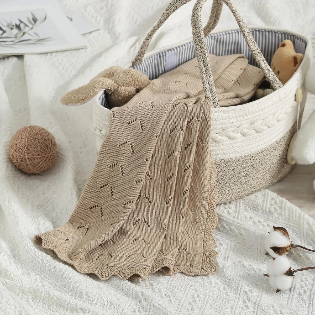 Coperta per Bambini Traforata 100% Cotone Traspirante per Lettino e Passeggino per Neonati Ragazzo Ragazza, Swaddle, Cameretta 100x80cm Khaki