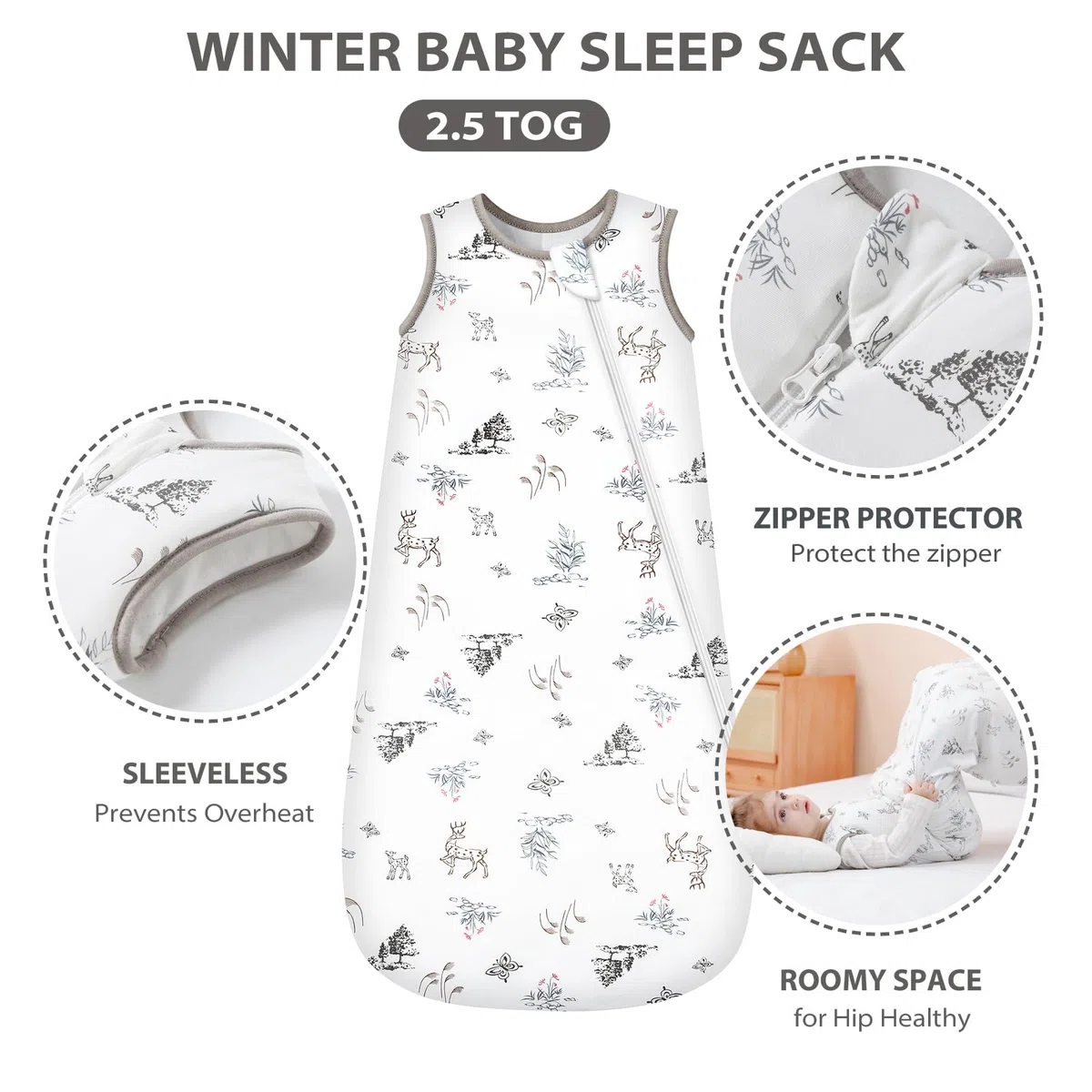 Mosebears Sacco nanna invernale per bambini 2,5 tog,Sacco Nanna Neonato in fibra di bambù, morbidissimo e caldo(0-6 mesi, Wald)