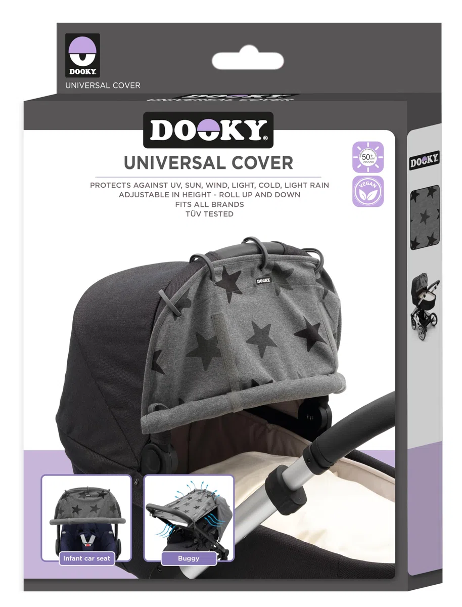 The Original Dooky 126702 Tendina per Sole Vento per Passeggino e Carrozzina, Universale, Regolabile e Traspirante, Grigio con stelle tono su tono - Grey Stars