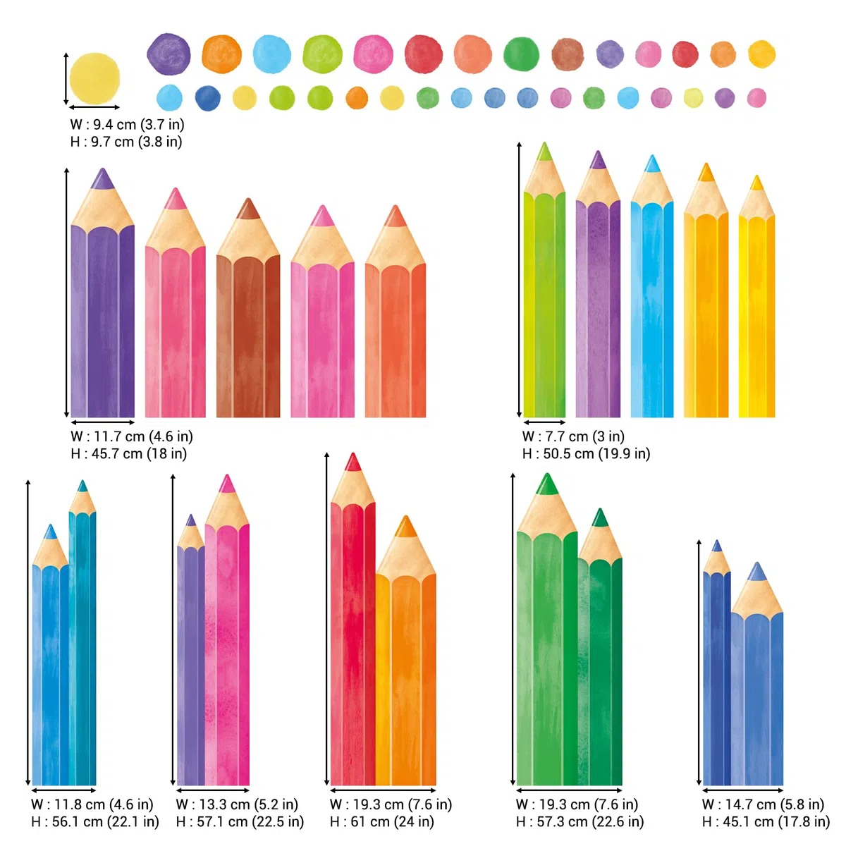 DECOWALL Adesivo murale extra large - Matite colorate arcobaleno giganti - Per cameretta dei bambini, asilo nido, aula e sala giochi (SG4-2522)