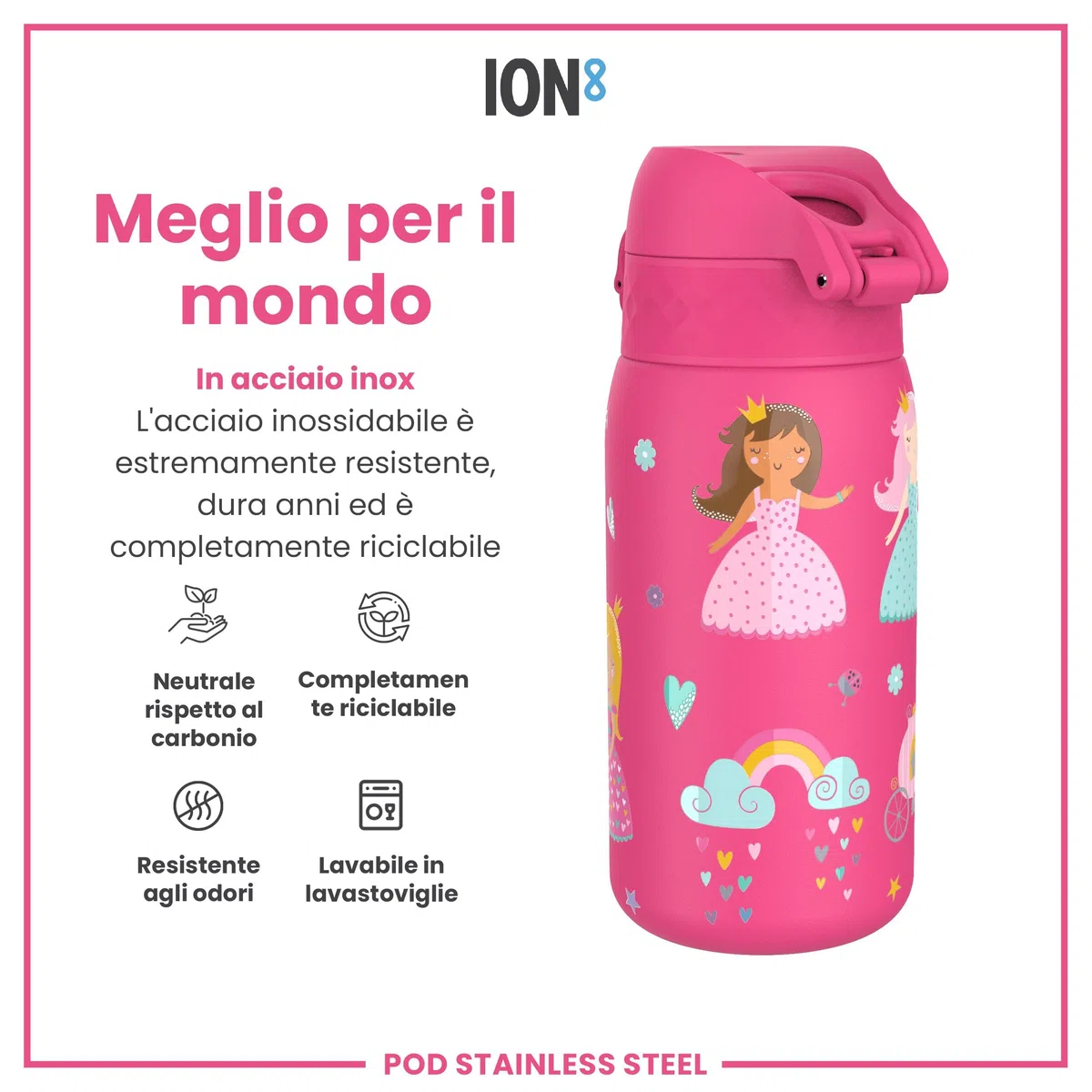 Ion8 Borraccia Inox Leggero per Bambini, 400ml, Non Isolato, a Prova di Perdite, Facile da Aprire, Serratura Sicura, Lavabile in Lavastoviglie, Facile Pulizia, Durevole e Antigraffio, Principessa