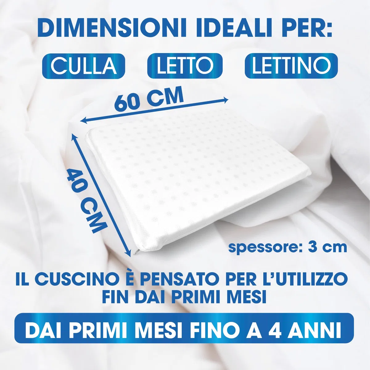 Tex family Cuscino Memory Foam Bambini - Antisoffoco, Traspirante, Ipoallergenico, Sfoderabile - Guanciale Ergonomico per Culla e Lettino - Made in Italy - 40x60 cm