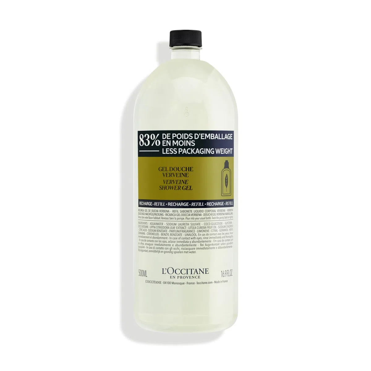 L'OCCITANE - Ricarica Gel Doccia Verveine (Verbena) - 500 ml - Note agrumate e rinfrescanti - Prodotto in Francia
