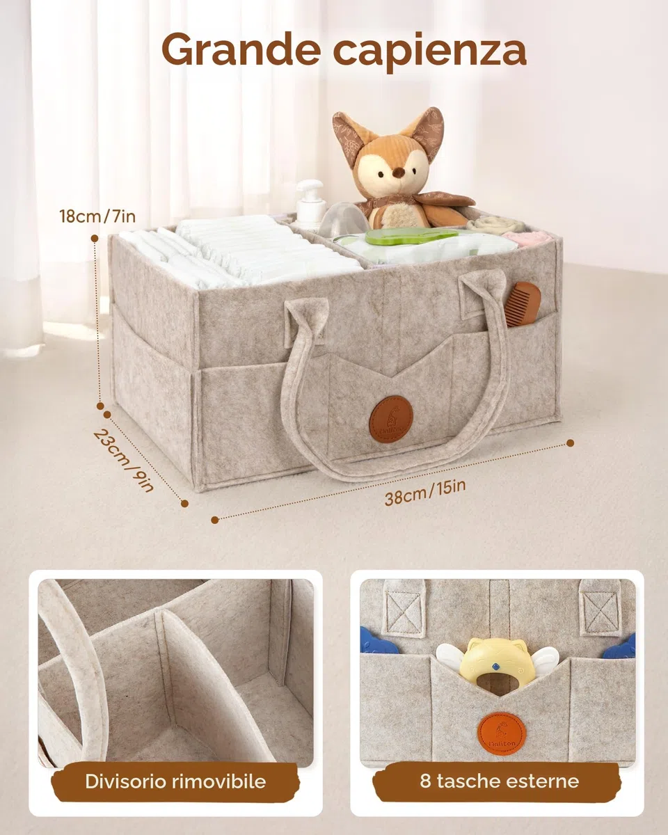 Maliton Organizer Fasciatoio per Neonati, Cestino Porta Pannolini, con Scomparti Rimovibili, Borsa per Pannolini come baby shower, Cachi