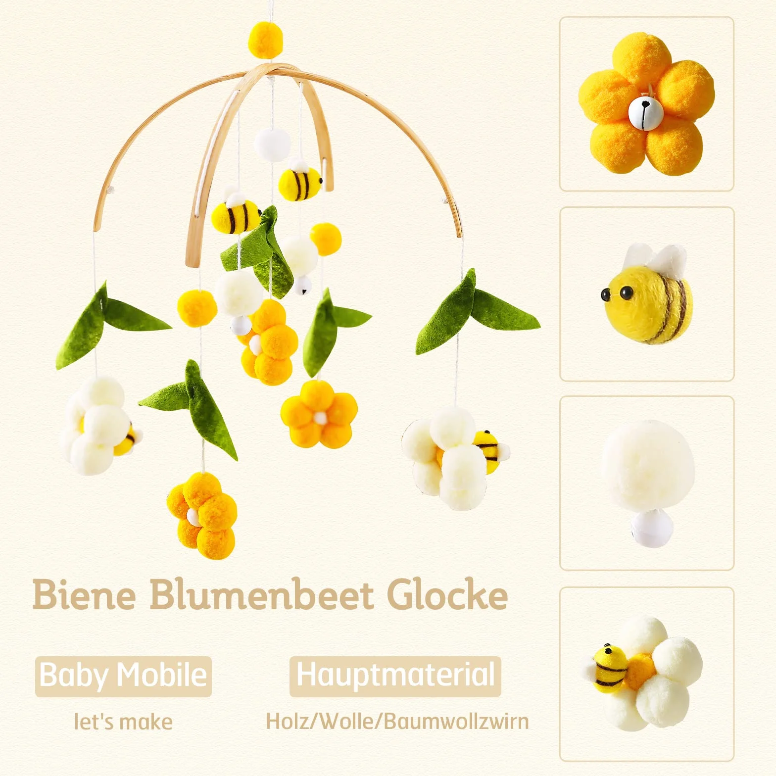 let's make Giostrina in legno con palline, fiori + foglie verdi + api scacciapensieri, mobile per ragazzi e ragazze, decorazione per la casa fresca regalo (ape)