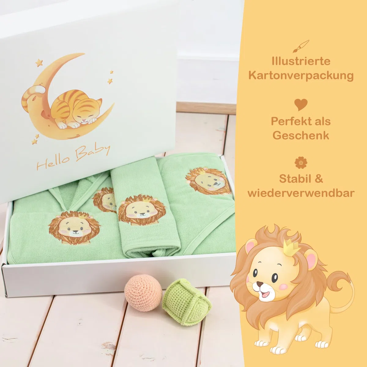 Celodoro Set regalo per bambini, 5 pezzi, confezione regalo con accappatoio, asciugamano con cappuccio, guanto da bagno, bavaglini, per bambini da 0 a 12 mesi