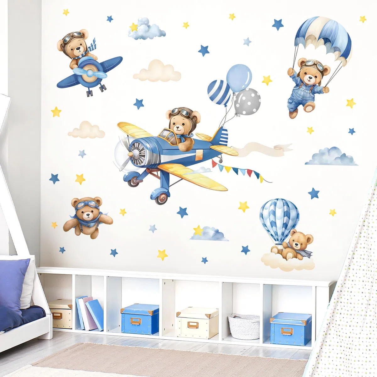 decalmile Adesivi Murali Bambini Aereo Animale Orso Adesivi da Parete Mongolfiera Orso Nuvole Decorazione Murale Camera Bambini Camerette Asilo Nido