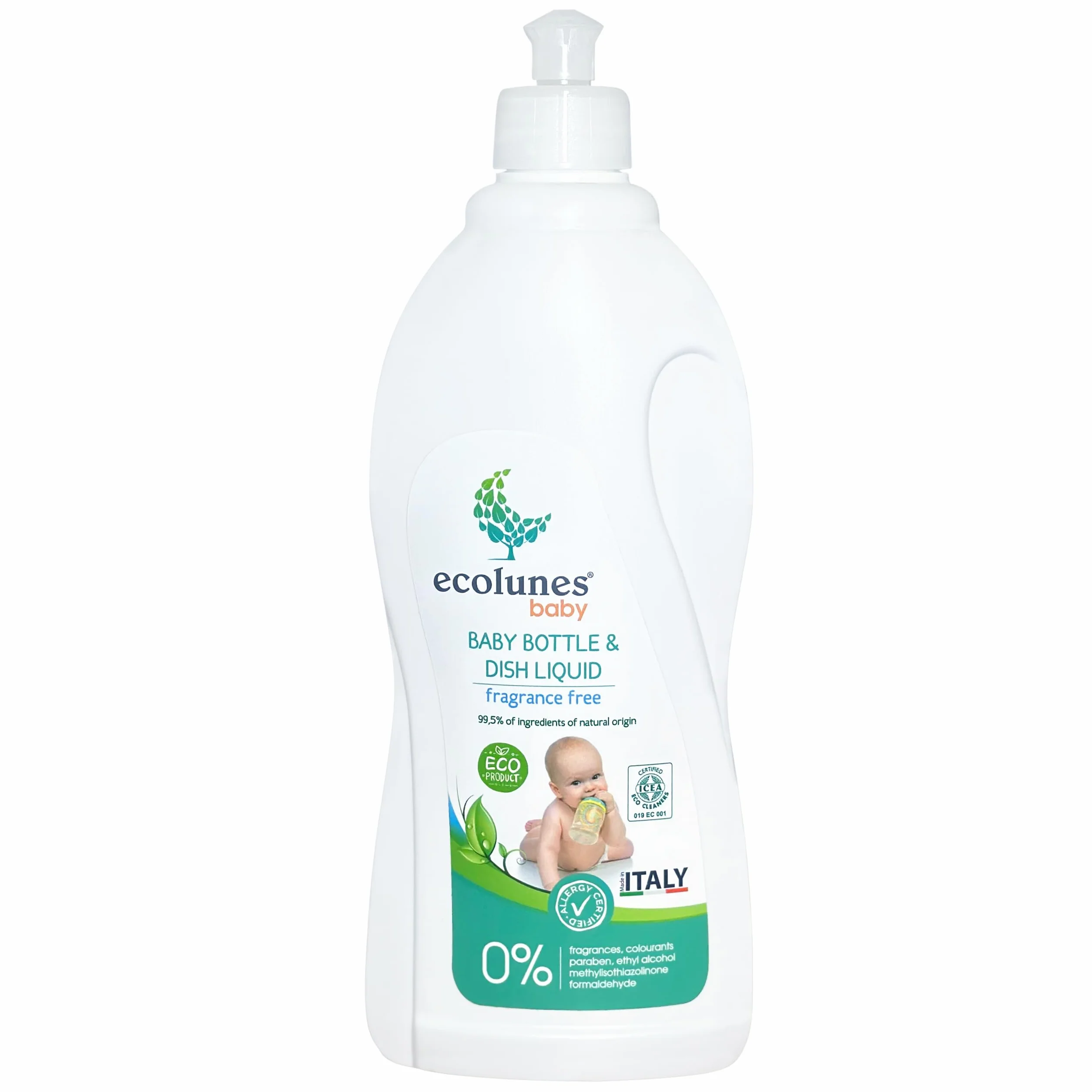 Ecolunes Liquido per biberon e piatti senza profumo 99,5% di ingredienti di origine naturale, non provoca allergie, realizzato con detergenti di origine vegetale, dermatologicamente testato, 750 ml