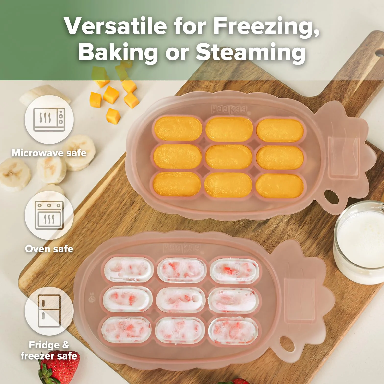 Haakaa Vassoi Alimentari Bambini, Stampo Ghiaccioli Dentizione in Silicone, Vassoio Cubetti Ghiaccio con Coperchio, Piatto Salsiccia Diviso, per Bambini 4m+，albicocca