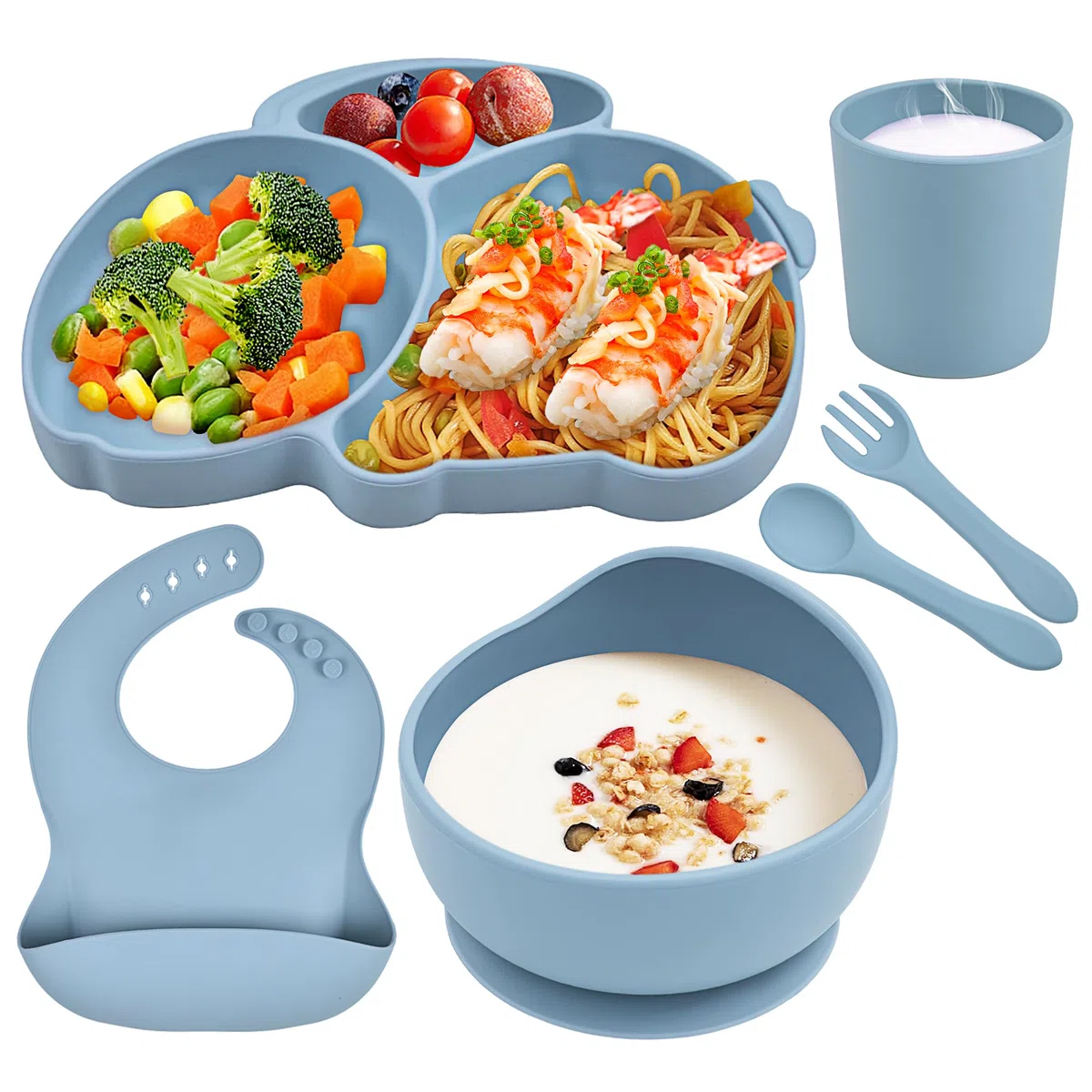 Set Pappa Svezzamento per Bambini 6 Pezzi Set Svezzamento Silicone Piatto con Ventosa Bavaglino Cucchiaio Forchetta Senza Tazza BPA Set Pappa Antiscivolo per Neonato Bimbo, Blu