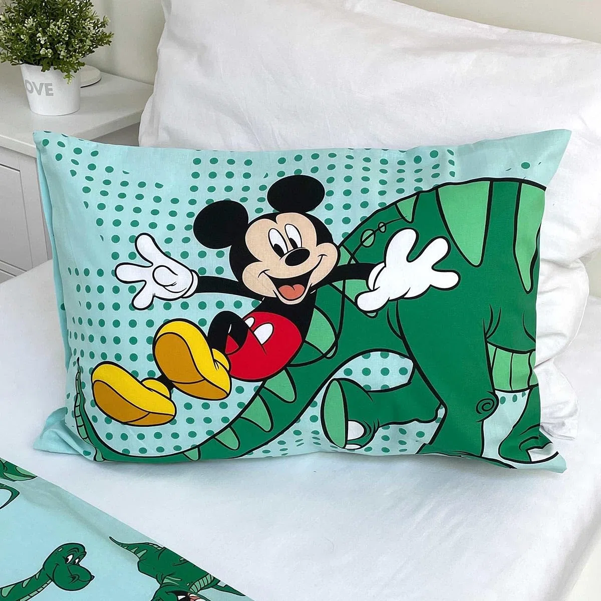 Lenzuola Dinosauro lettino verde - Biancheria da letto per bambini dinosauro Disney con Topolino - Lenzuolo reversibile dinosauro per culla - Completo letto Topolino misura 100 x 135 cm, 40 x 60 cm