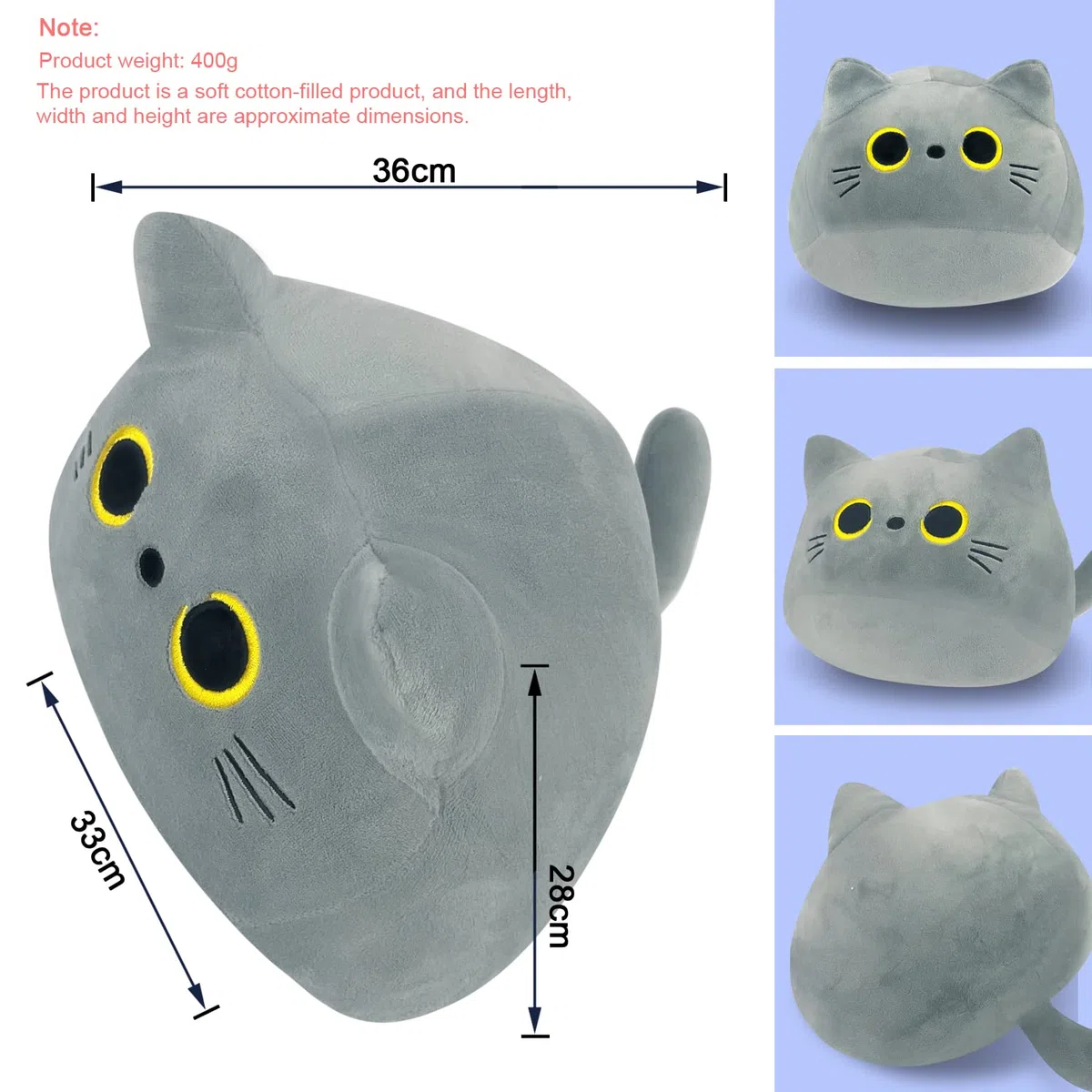 Peluche Cuscino Arredo, Kawaii Gatto Sdraiato Peluche Giocattoli Bambola Giocattolo, Gatto Cartone Animato Cuscino Decorativo, Peluche Ripiene Nero(600g)