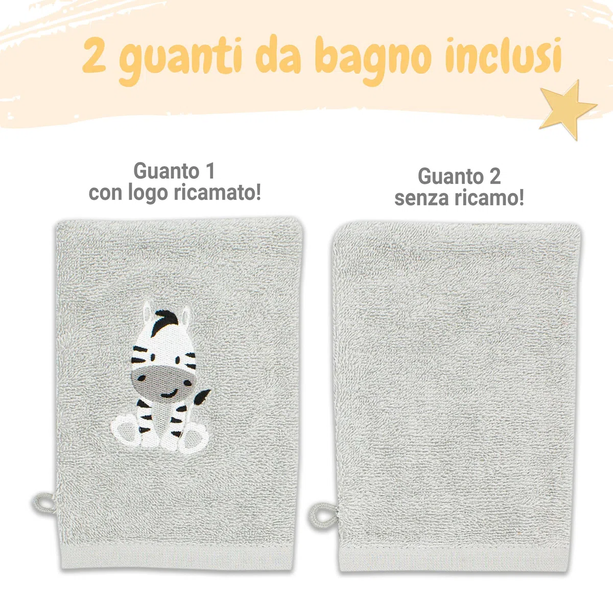 Babykajo Set Accappatoio per Neonati con 2 Guanti da Bagno in Oeko-Tex Standard 100 Certificato, Asciugamano con Cappuccio in Morbida Spugna, Primo Asciugamano con Cappuccio per Bambini 80x80 cm