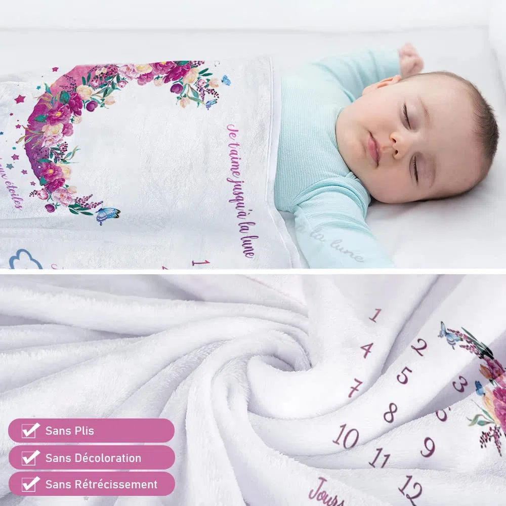 Coperta Mesi Neonato, con 4 Cornici per Foto Per Maschio O Femmina,Tema Luna Regalo Baby Shower Personalizzato Per Neomamme Copertina Bambino 130x100cm