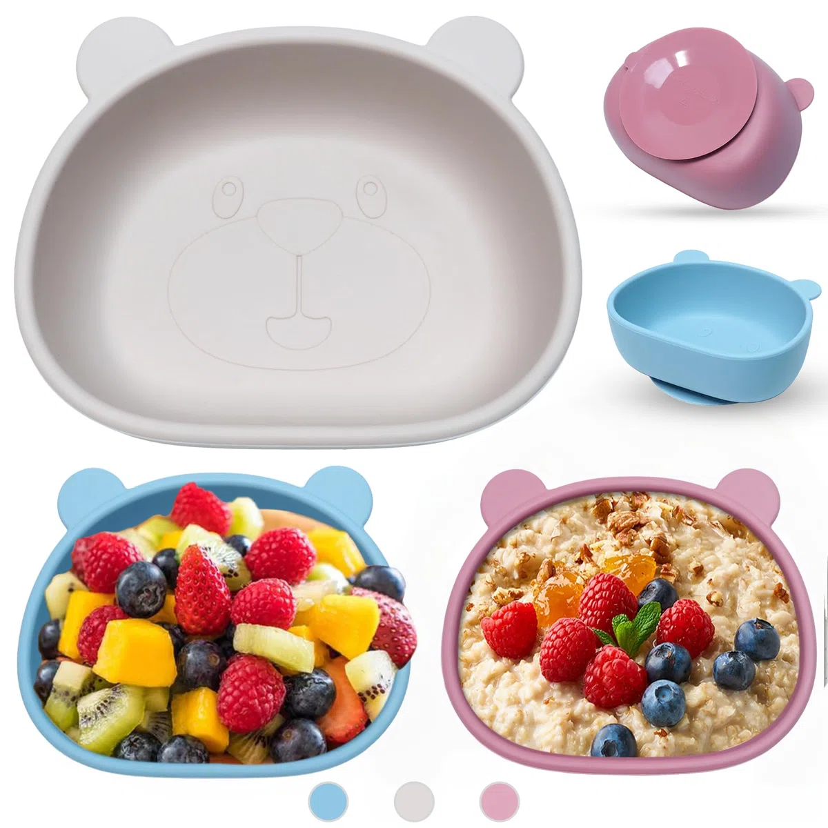 Set di 3 Ciotole per Bambini con Ventosa, Ciotola con ventosa per bambini,Antiscivolo Ciotola per Alimenti in Silicone,Senza BPA, per Neonati Bambini Piccoli e Infanti(blu& beige&rosa)