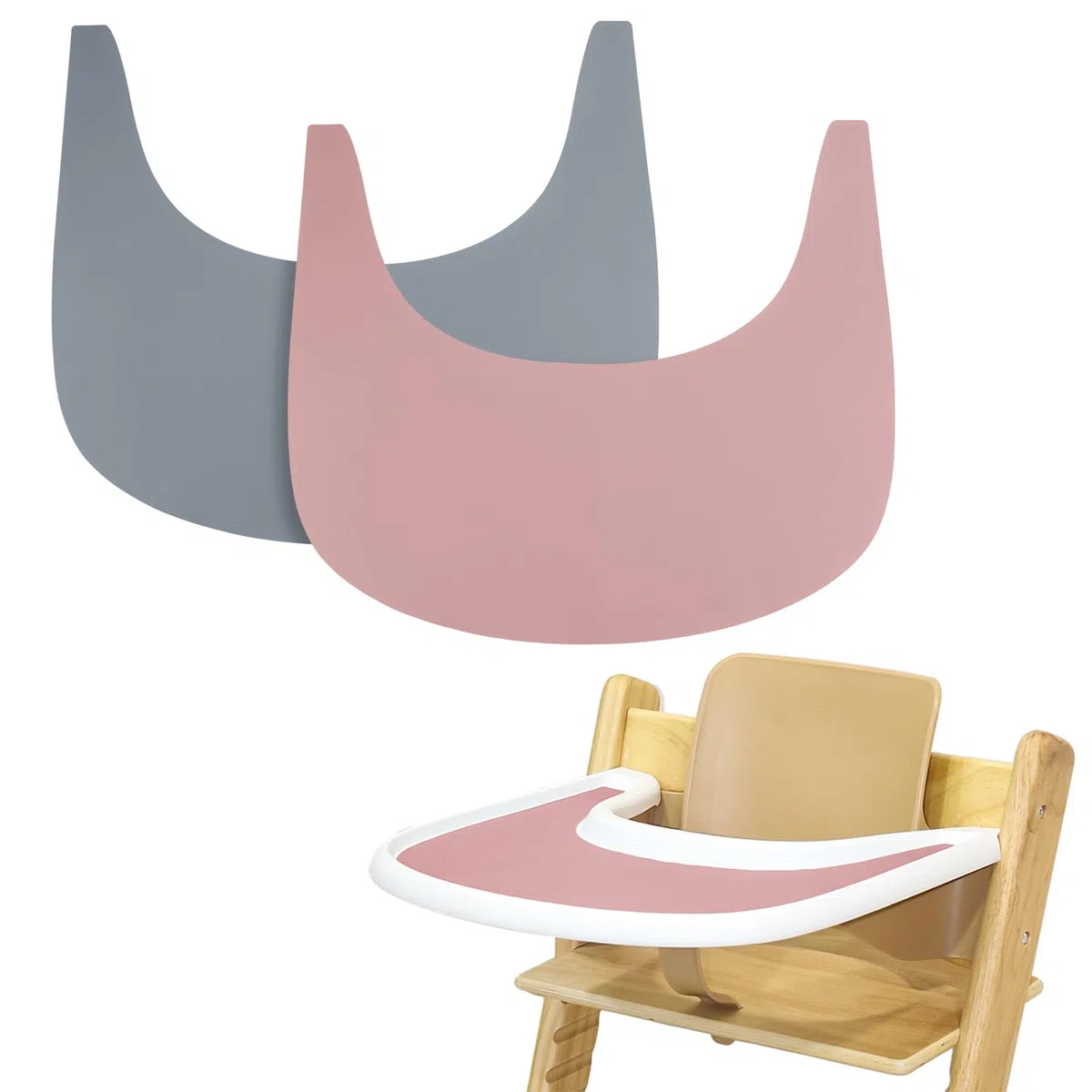 Tovaglietta per seggiolone, 2 pezzi, in silicone, pulita e igienica, per Stokke Tripp Trapp, vassoio per seggiolone Stokke Tripp Trapp (grigio/rosa)