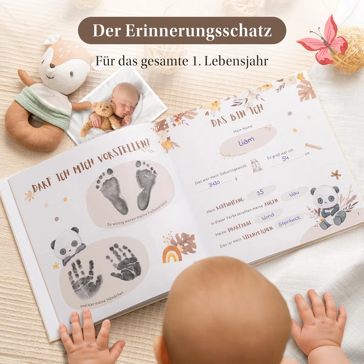 EULENTALER L'album per bambini "BOHO" I Progettato da educatori I Con simpatiche illustrazioni dipinte a mano I Copertina in vero lino + goffratura dorata I Diario di nascita per ragazzi e