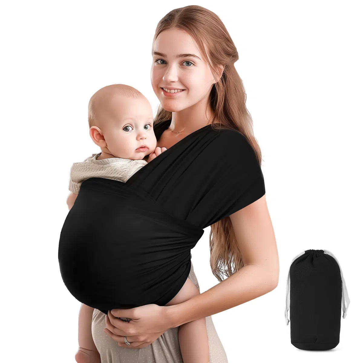 Fascia Porta Bebe, Fascia Neonato 0-36 Mesi Traspirante in Cotone, Marsupio Neonato con Portata Massima di 15 kg, Nero Marsupio Bambino 5,3 m × 0,58 m, Marsupio Ergonomico Neonato