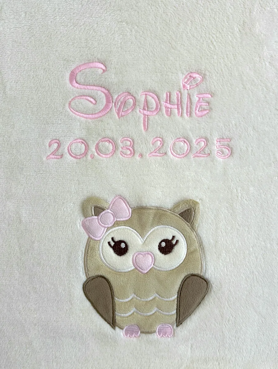 KIDDI-MEDIA Coperta per neonati con nome e data di nascita ricamata/morbida / qualità 1A (beige - gufo)