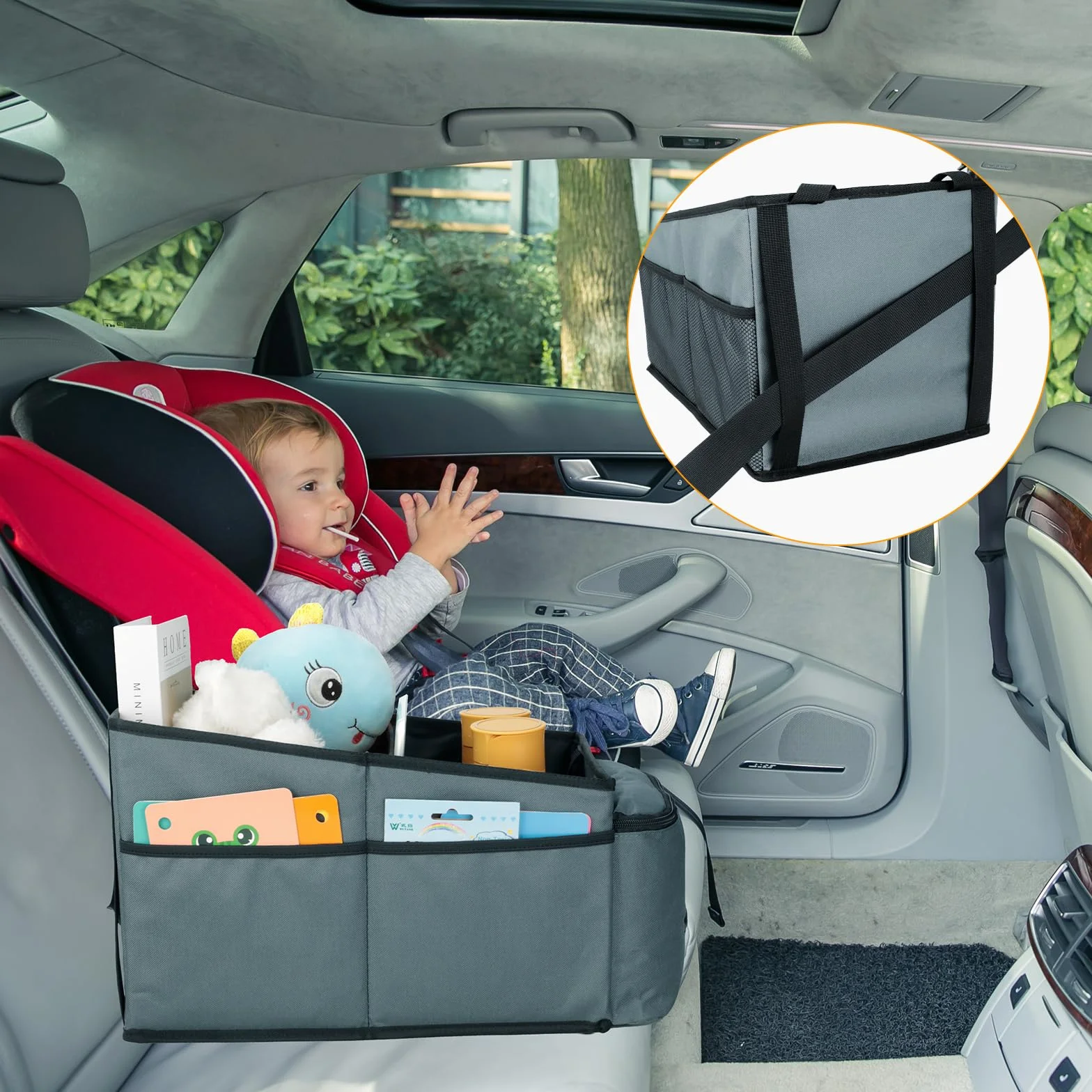 Cozary Organizer Auto, Pieghevole Organizzatore Sedili Auto con Cinture di Sicurezza & Portabicchieri, Organizer Macchina Per Giocattoli, Libri, Snack, Grigio scuro