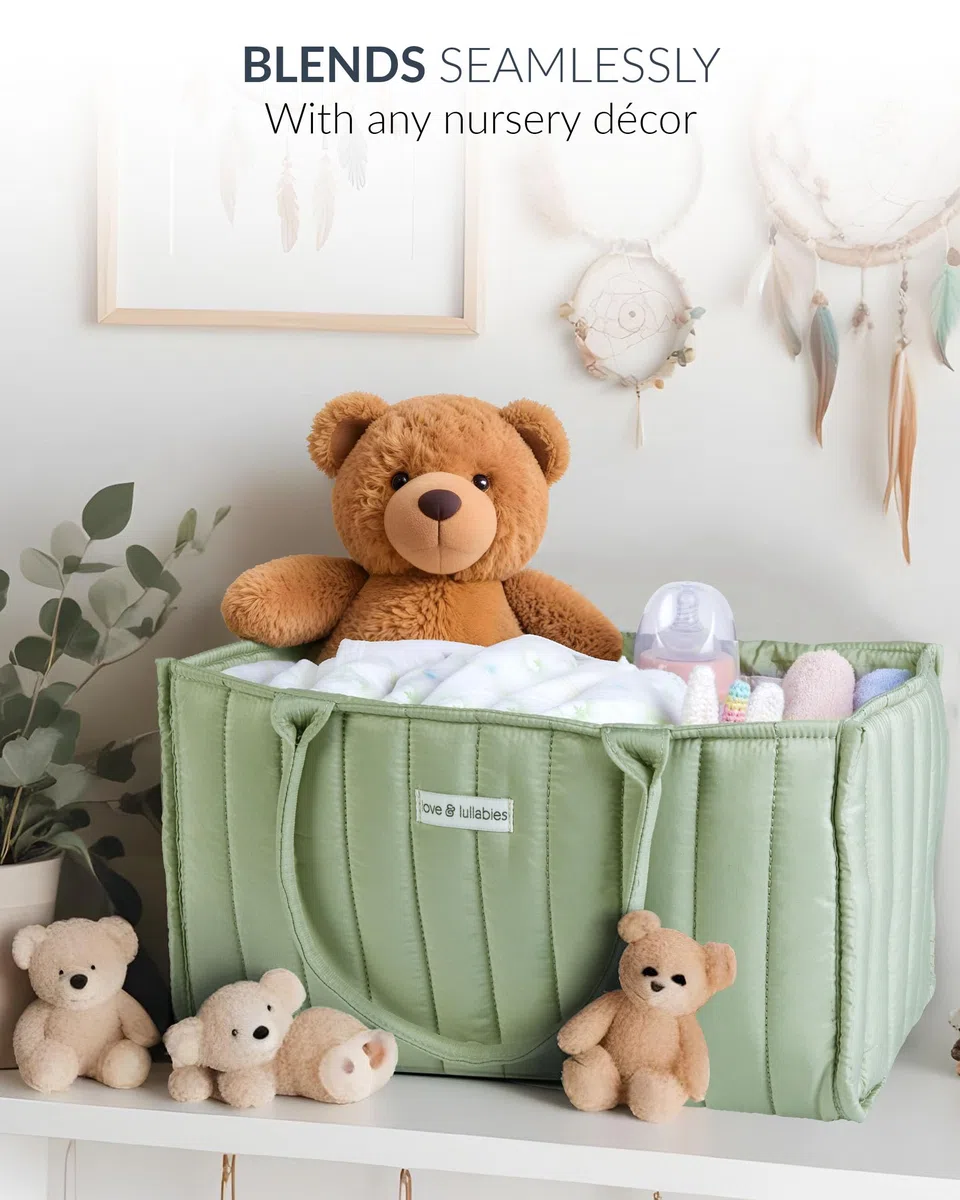 love & lullabies Organizer per pannolini, elegante cestino trapuntato per il cambio del bambino, essenziale per neonati, cestino per baby shower, organizer per future mamme (verde salvia)