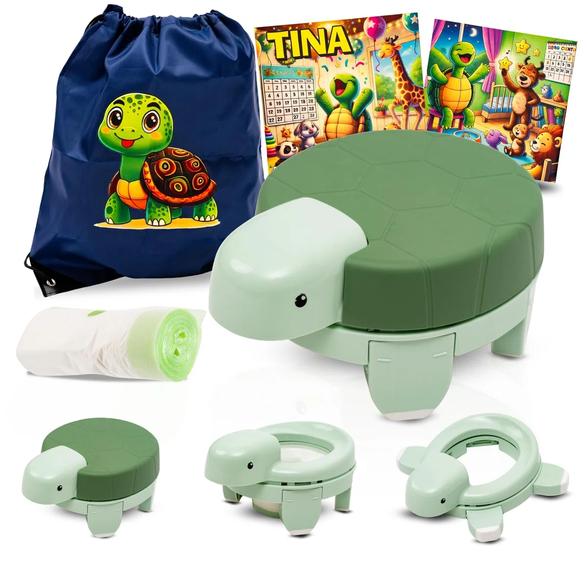 Vasino Bambini Portatile 4 in 1 Pieghevole – Riduttore WC per Bambini, WC Portatile da Viaggio, Sgabello e Rialzo, Design Tartaruga, con 20 Sacchetti e Zaino
