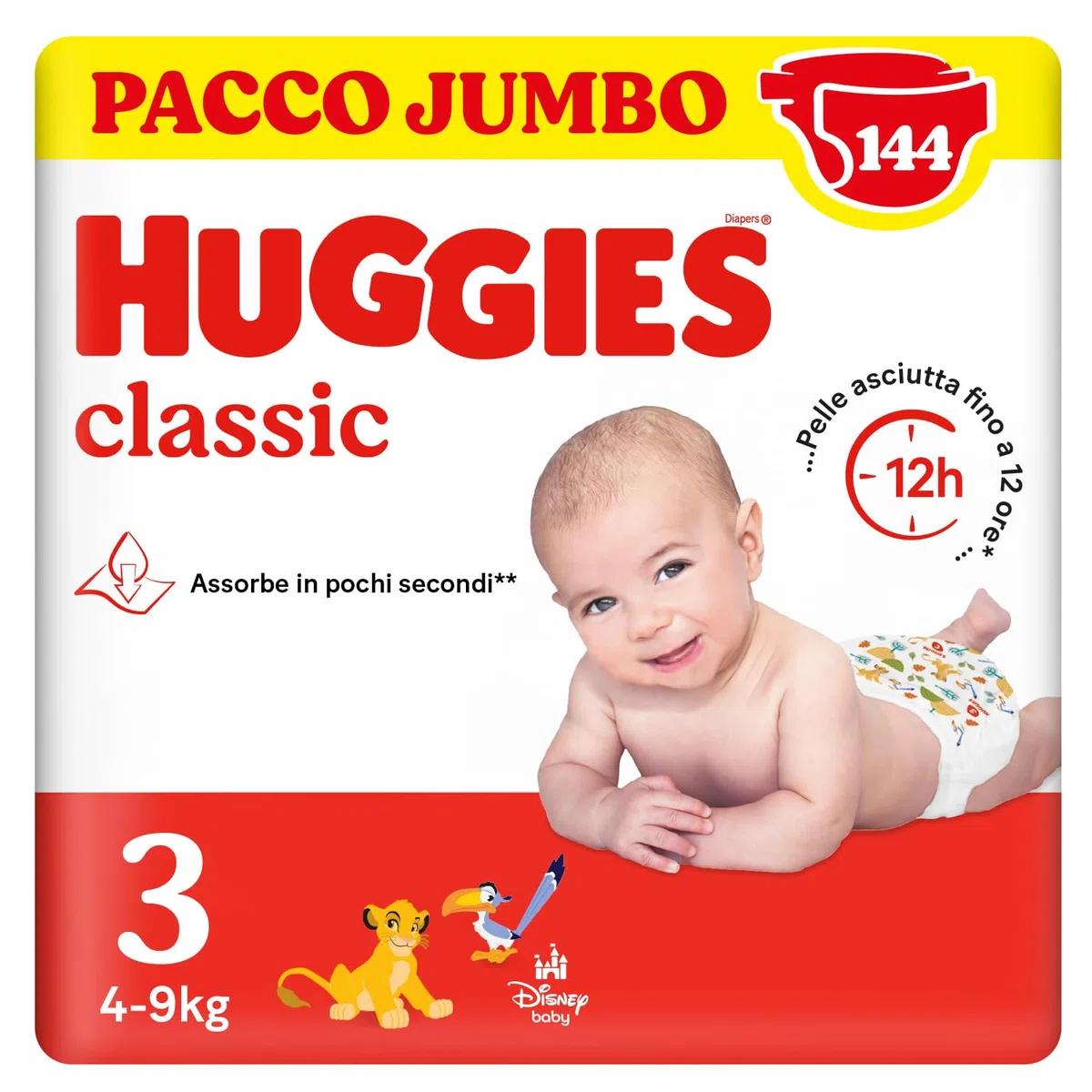 Huggies Classic, Pannolini Taglia 3 (4-8Kg), Protezione completa, Pacco Jumbo, 144 Pz